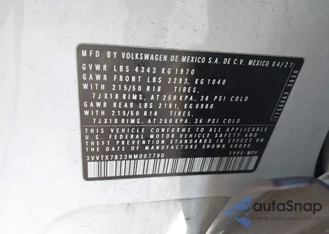 2022 Volkswagen Taos 1.5T Se z USA, uszkodzony, nr VIN 3VVTX7B23NM007790